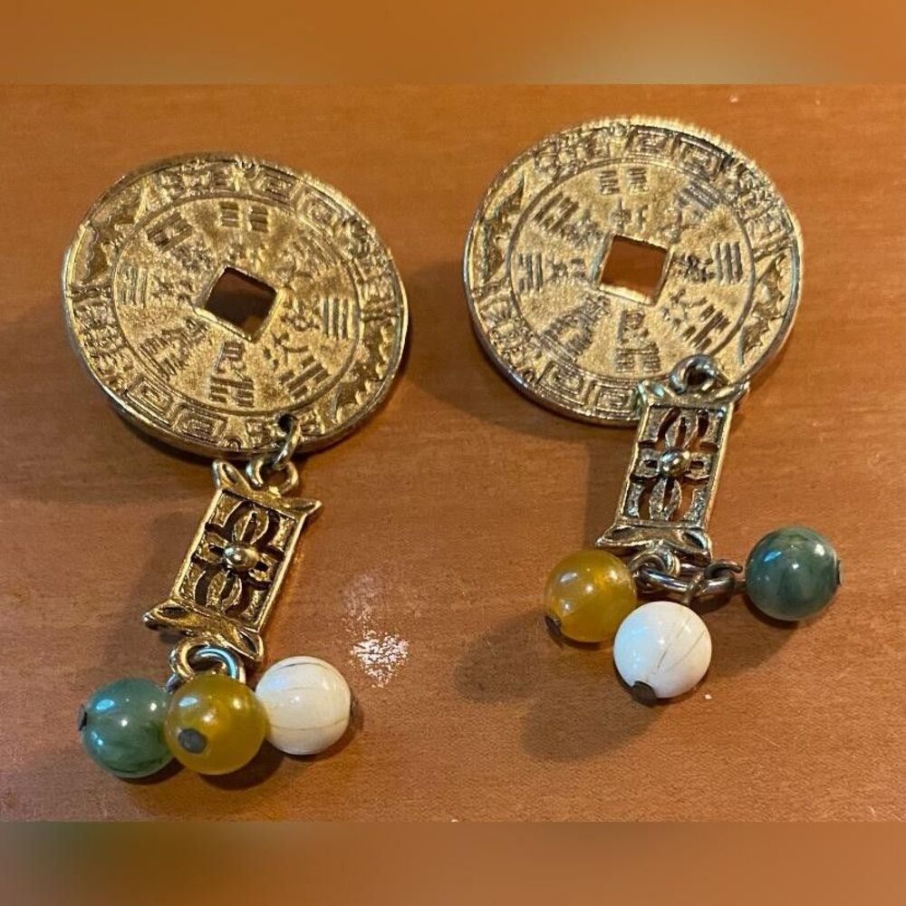 Gold Tone Round Coin Beaded Dangle Drop Earrings Women’s Multicolor Post READ